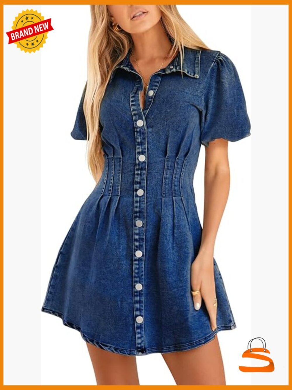 Puff Sleeve Mini Denim Dress Casual Summer Jean Dress Slim Fit